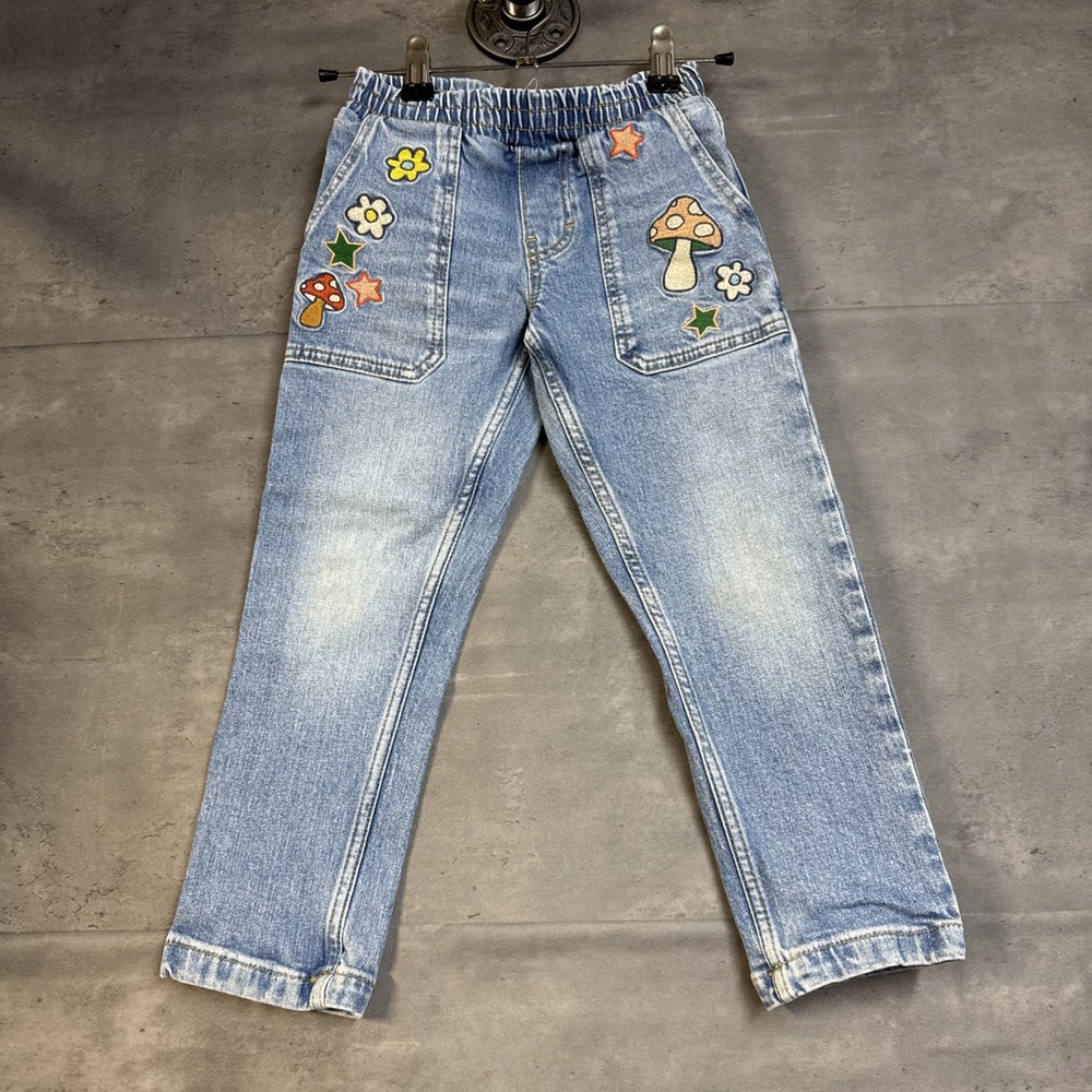 Mini Boden light-wash children's denim pants Embroidered Mushrooms & Flowers 5y